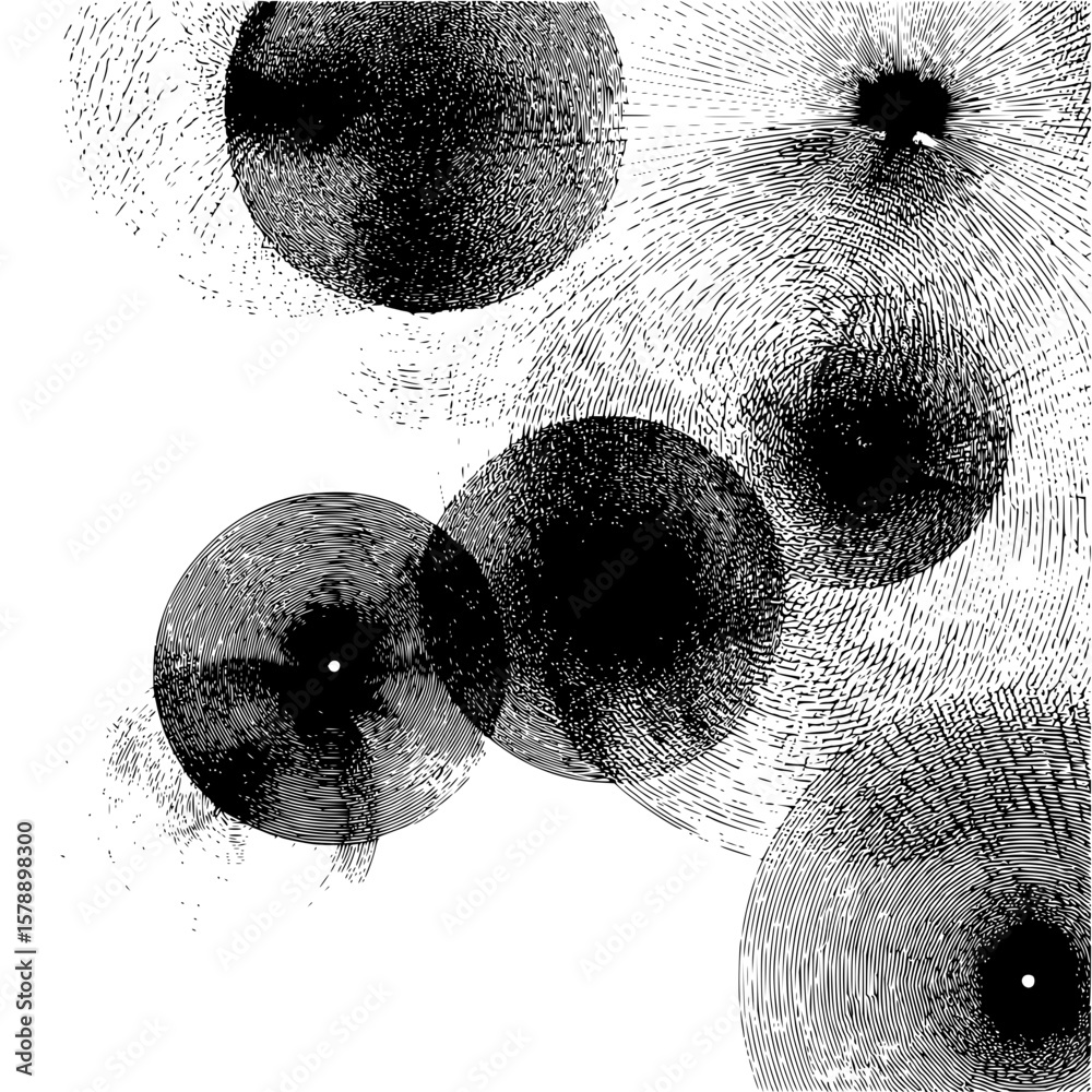 Poster abstract black and white circles with radial lines creating a dynamic and textured composition desig