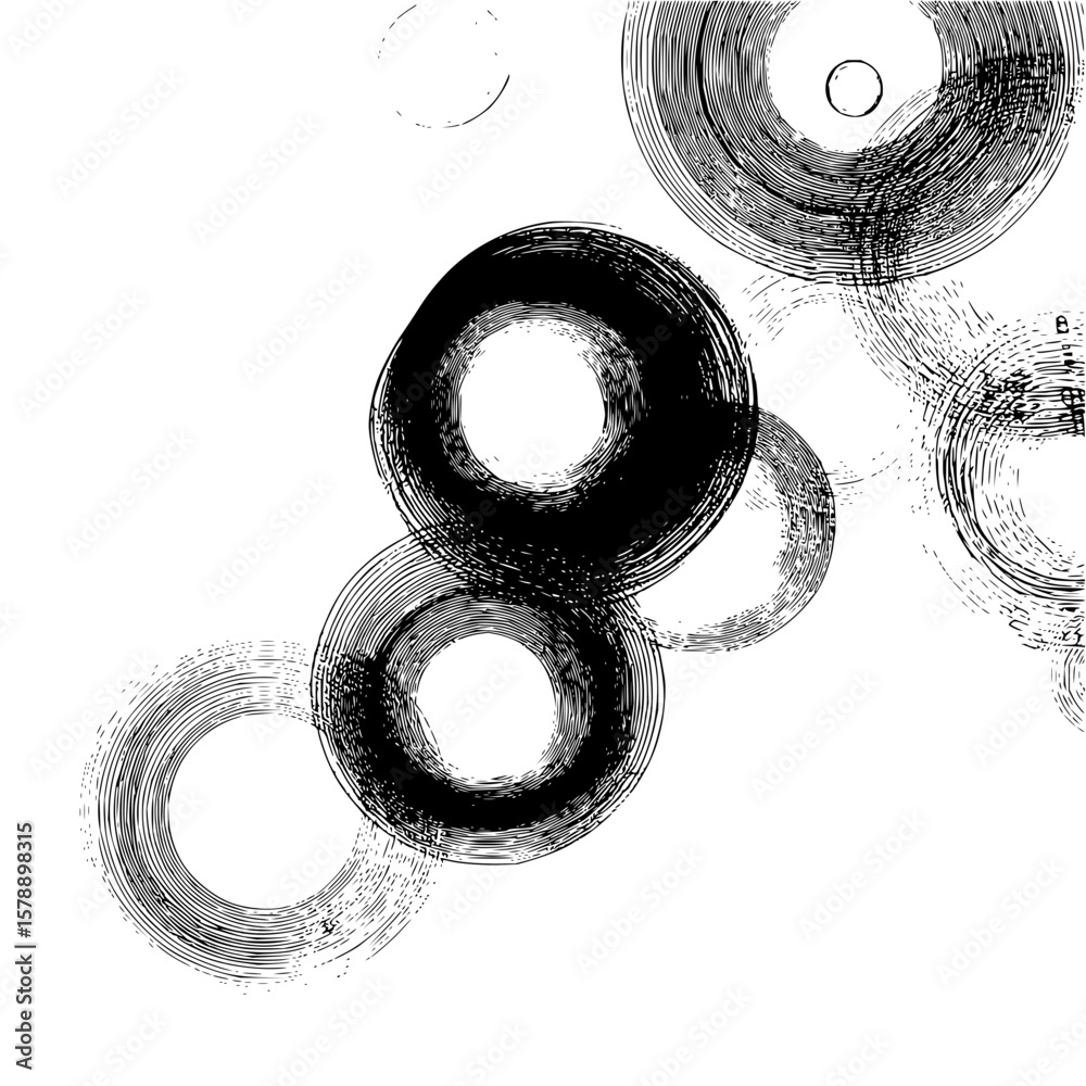 Poster abstract black and white circles with varying line weights and textures creating a dynamic compositi