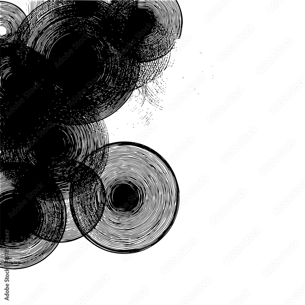 Poster overlapping circular shapes with textured lines in a monochromatic abstract composition style art