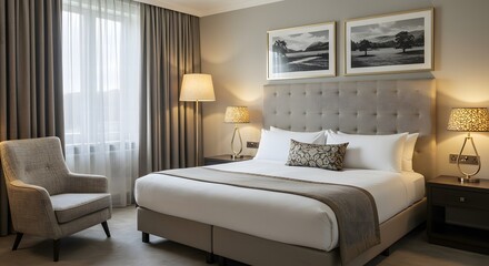 Luxurious hotel bedroom with a king size bed armchair and elegant decor