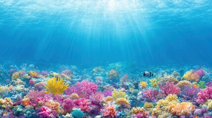 Obraz premium Underwater Coral Reef: A vibrant underwater scene showcases a colorful coral reef teeming with marine life. Rays of sunlight filter through the water.