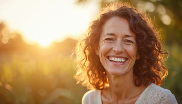 Middle-aged woman smiles outdoors in golden sunlight. Happy female with shoulder-length brown hair enjoys warm sunshine in nature. Beautiful lady, positive emotion, happiness, joy, good mood, summer