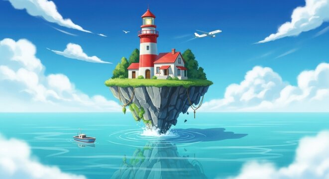 Floating island with lighthouse and house in blue ocean under sky with clouds and airplane - Powered by Adobe