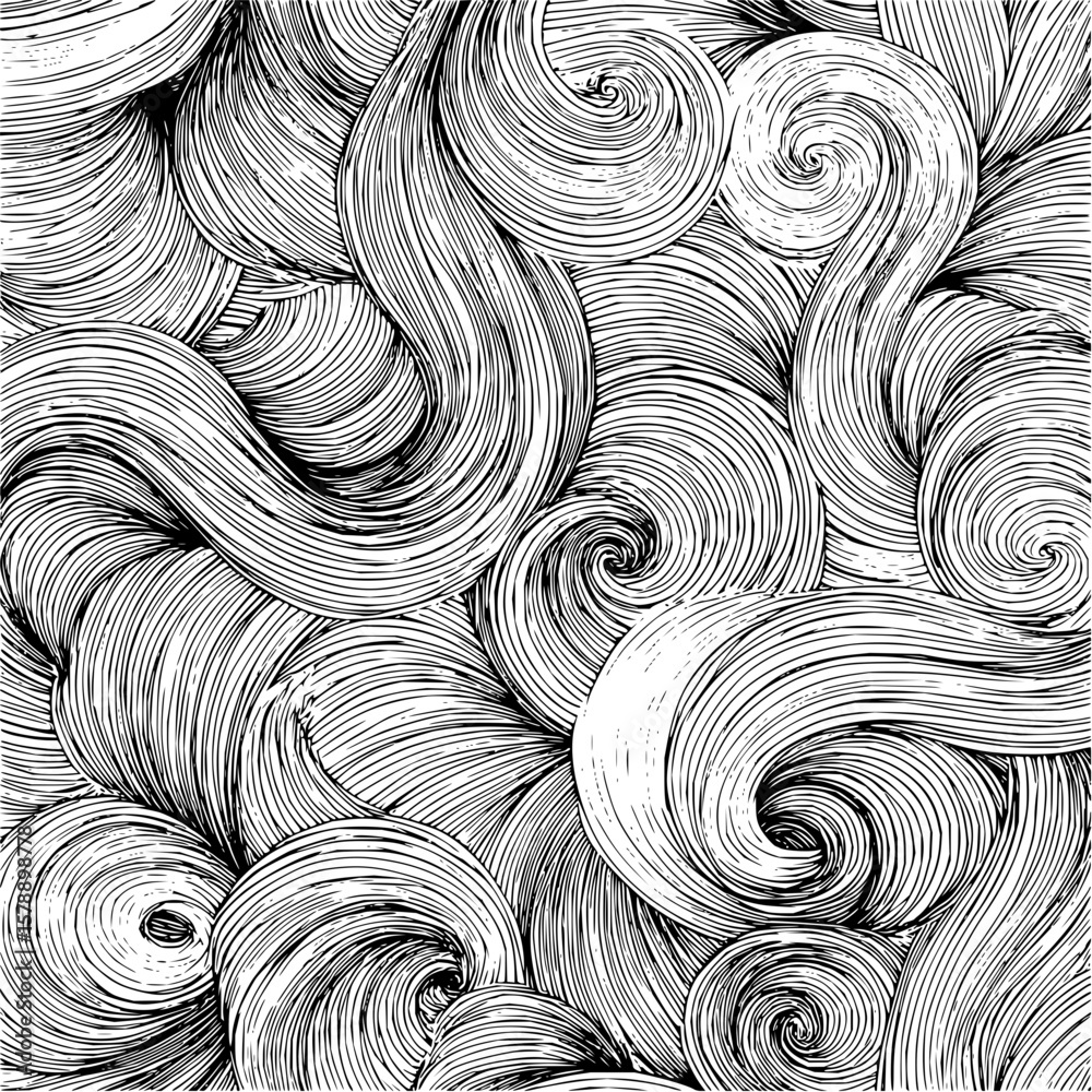 Poster abstract black and white drawing of swirling lines creating a dynamic and textured pattern design ar