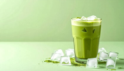 Iced matcha in a double-wall glass cup, featuring large clear ice cubes and a frothy top.