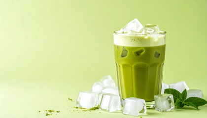 Iced matcha in a double-wall glass cup, featuring large clear ice cubes and a frothy top.