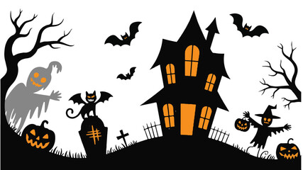 Haunted House Halloween Scene with Ghosts and Bats Vector Illustration