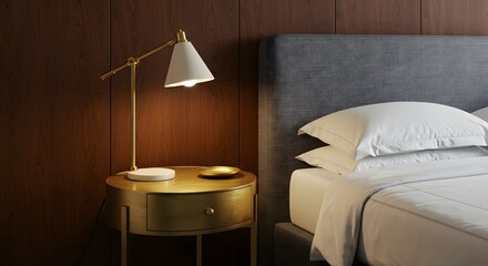 Luxurious bedroom scene with a brass bedside table and lamp next to a neatly made bed