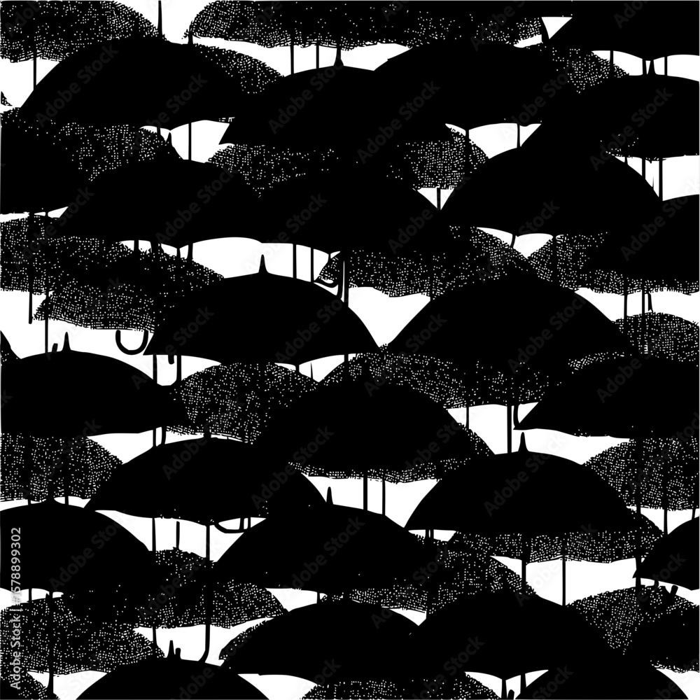 Poster dense array of black umbrellas with varying textures against a white background design pattern view
