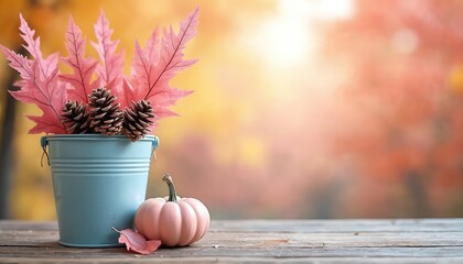 Rustic wooden table decorated with pink fall decor. Pink leaves, pine cones in blue bucket and little pink pumpkin. Autumn season atmosphere. Cozy fall harvest composition.