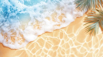 Fototapeta premium Serene Seaside: The sun-kissed shore, where gentle waves meet the sandy beach. A tranquil coastal scene evokes a feeling of warmth, peace and relaxation, offering a visual escape to paradise.