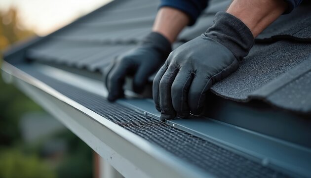Person installs gutter guard on roof. Hands wear protective gloves during home exterior project. Gutter cleaning, roof maintenance, improving drainage system, water flow. Prevent leaves, debris