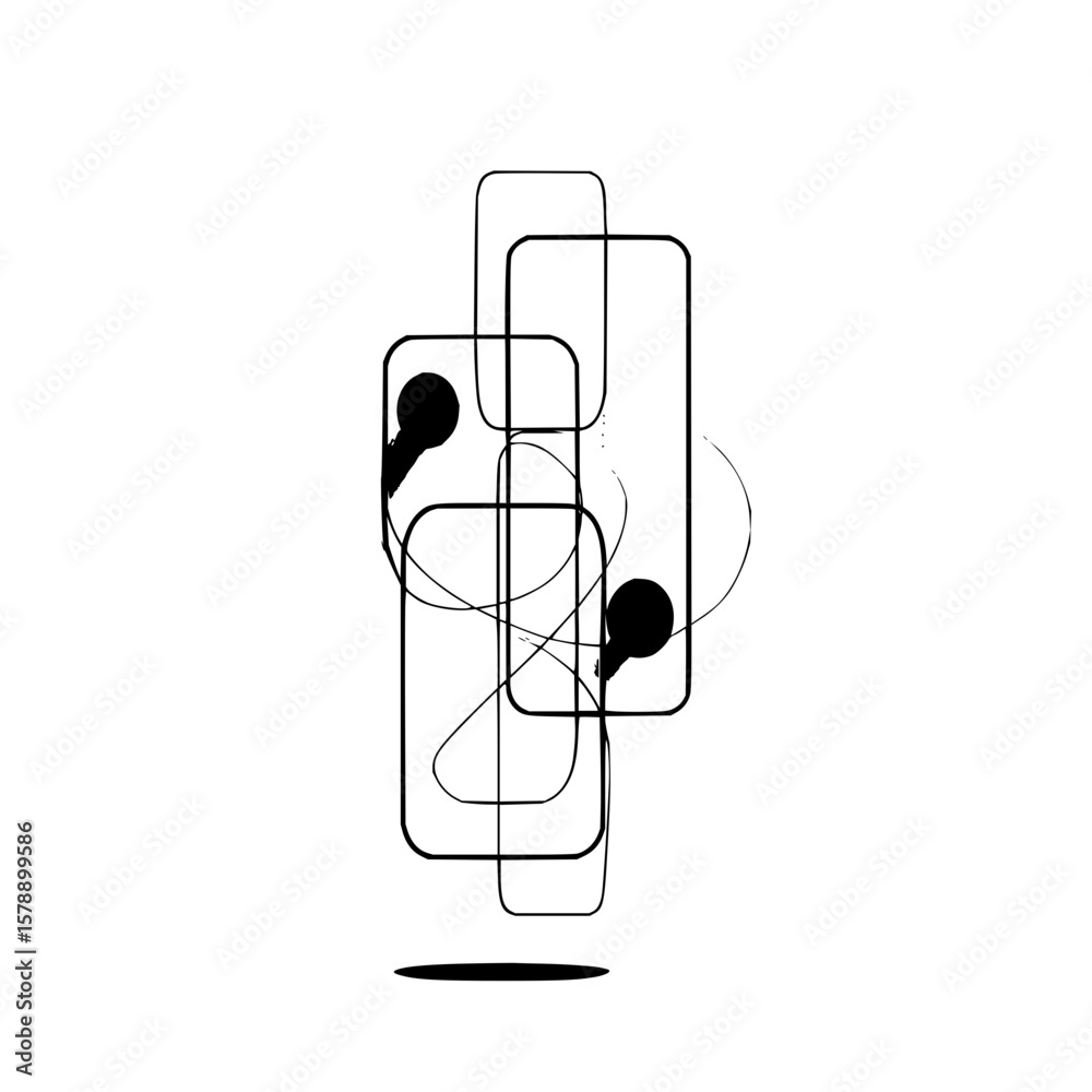 Poster abstract design featuring overlapping rounded rectangles with black circles and curved lines art pie