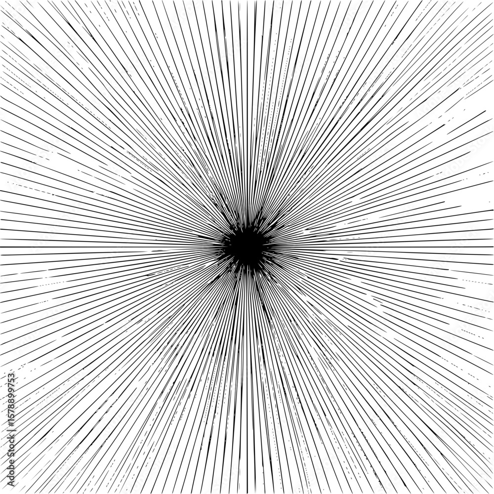 Poster black and white radial lines emanating from a central point creating a burst effect pattern design