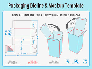 Packaging Dieline and Mockup Template. Self Lock Bottom Box. Dieline Real Shape and Dimension. Mockup Template. Fully editable vector. Equipped die cut lengths prepared for production.