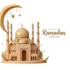 Golden 3D Illustration of Ramadan Kareem Mosque Moon and Stars