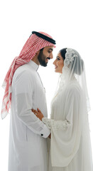 Full Shot Portrait of an Arabic Groom and Bride with Veil Celebrating Wedding