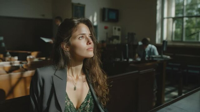 Silent reflection in court room: A pensive woman is deep in thought while sitting in a courtroom, natural lighting, soft focus, evoking contemplation.