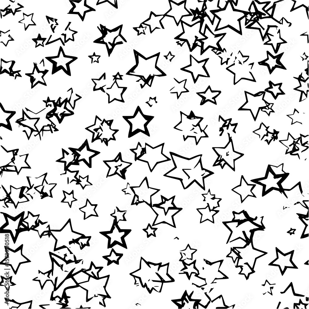 Poster scattered star shapes with rough edges in black and white creating a chaotic celestial pattern desig