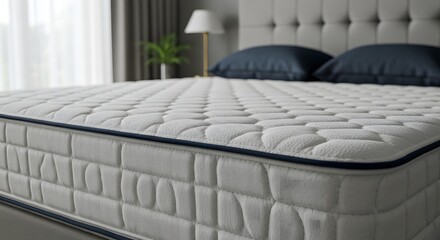 Comfortable white mattress with quilted surface and navy blue trim on a bed with pillows
