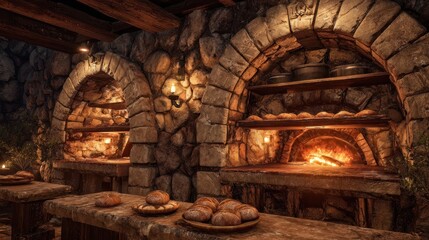 Stone-walled bakery with arched niches and bread