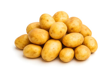 Pile of fresh golden potatoes on a clean white background representing organic farming and nutritious vegetables