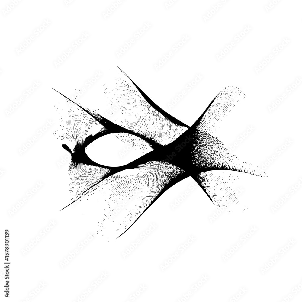 Poster abstract black and white design featuring intersecting lines and a central oval shape with hatching 