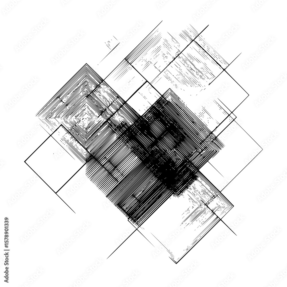Poster abstract composition of intersecting squares with textured lines and geometric patterns design