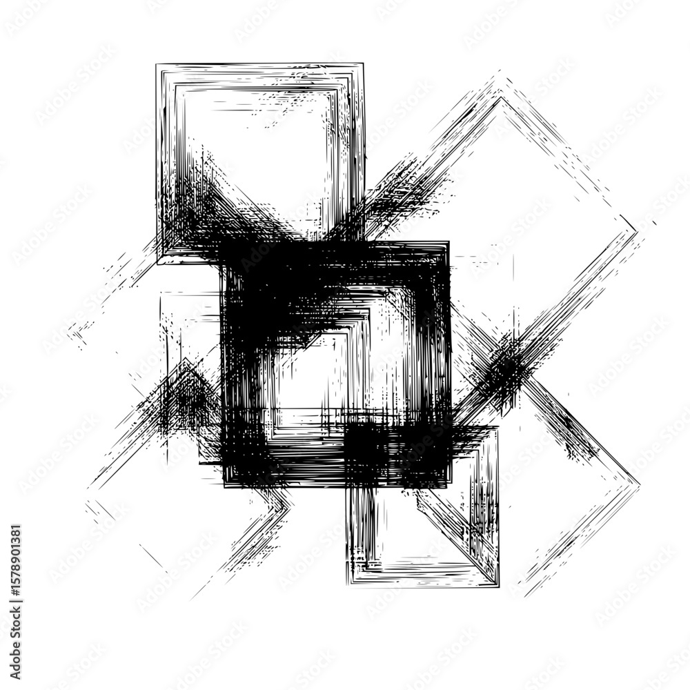 Poster abstract composition of overlapping squares with rough black brush strokes creating a dynamic design