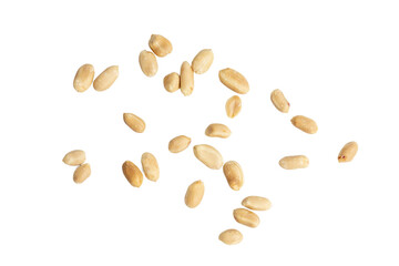 The Top view photograph of peanuts scattered on white background.