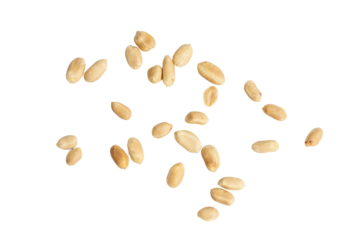 The Top view photograph of peanuts scattered on white background.