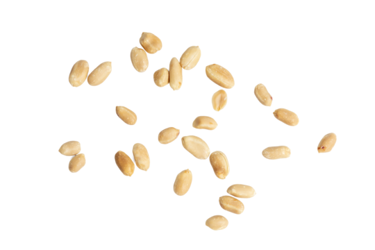 The Top view photograph of peanuts scattered on white background.