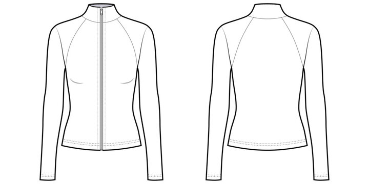 Women's Slim Fit Full Zip Athletic Jacket- Front and Back View- Flat Vector Illustration-CAD Mock-up