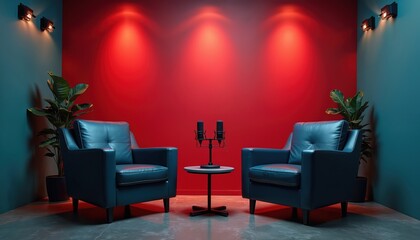 Modern studio setup for interview podcasting broadcasting. Empty armchairs face with microphones on small table. Red, blue walls, professional lighting, plants. Suitable for talk show production.