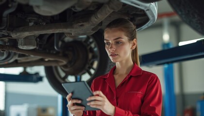 Young female mechanic inspects car undercarriage with tablet in auto repair shop. Woman uses digital tech for vehicle diagnostics, checking suspension. Automotive industry, maintenance service.
