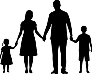 A family of four is holding hands, with a woman in the middle and two children on either side. Concept of warmth and togetherness, as the family members are united in their embrace