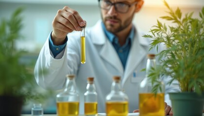 Scientist in lab studies natural oil. Biologist analyzes essential oil sample. Research, investigation in science laboratory. Herbal medicine, aromatherapy, eco-friendly, sustainable concept.