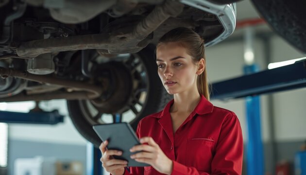 Young female mechanic inspects car undercarriage with tablet in auto repair shop. Woman uses digital tech for vehicle diagnostics, checking suspension. Automotive industry, maintenance service.
