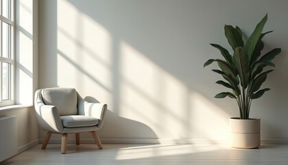 Minimalist office corner with armchair near window and plant. Neutral tones create peaceful atmosphere. Modern interior design with clean lines natural light. Ideal for relaxation area or workspace.