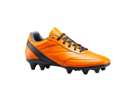 Stylish Orange Soccer Boot on Floating Podium with Spotlight, PNG.