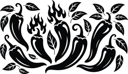 Spicy Chili Pepper Silhouette Collection. Hot Flame Vector Design with Leaves,

