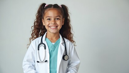 Smiling girl in white lab coat with stethoscope. Little doctor plays medical role, imagines medical career. Cute child wears doctor costume on white background. Health care, medicine, future