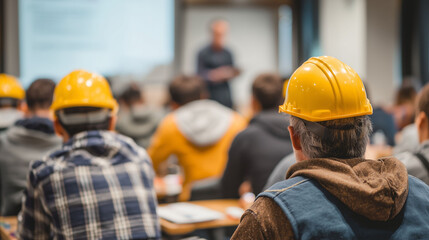 Project manager conducting safety briefing with construction crew in protective gear during training session covering emergency procedures and worksite protocols before project execution