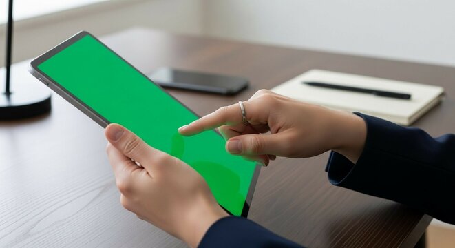 Green screen smartphone and tablet with the office background