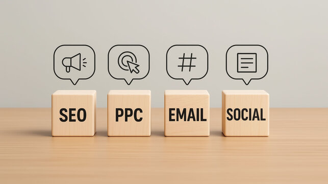 SEO PPC email and social media icons on wooden blocks representing digital marketing strategy with sem and smo tools for online promotion and advertising campaign planning