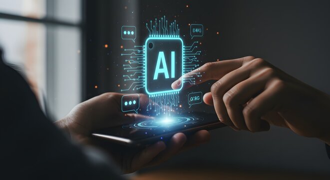 AI Technology Concept: Hand Interacting with Artificial Intelligence on a Smartphone