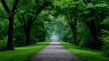 Lush green forest path winding through a tranquil natural landscape.