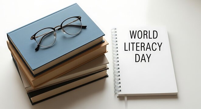 Stack of books with glasses and a notebook displaying "World Literacy Day" on a white surface.