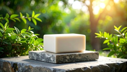 White bar soap on stone, garden setting