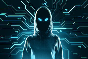 Hooded anonymous hacker figure with glowing eyes in digital cyber environment suggesting cybercrime...